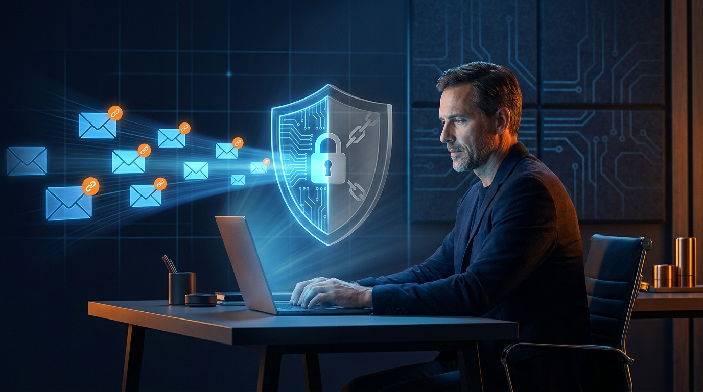 בעל עסק בודק את הגדרות האבטחה של Microsoft 365 מול מגן שרק חציו מופעל