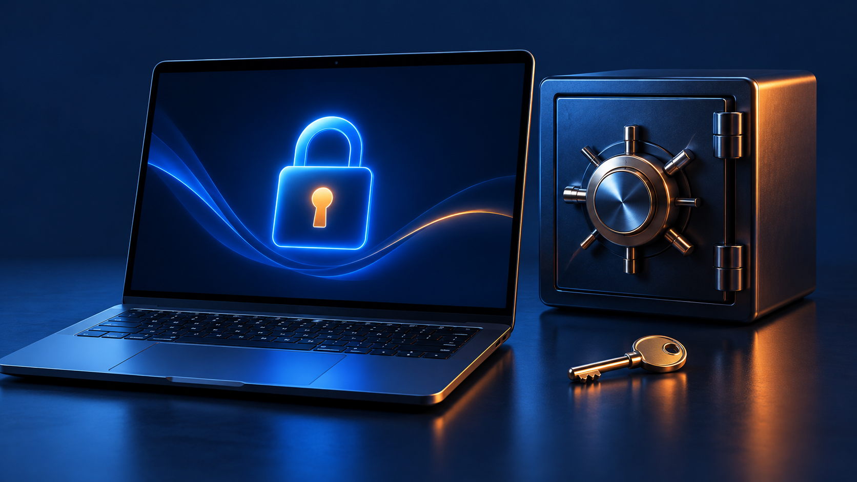 מפתח שחזור BitLocker: מחשב עסקי לצד כספת ומפתח מאובטח
